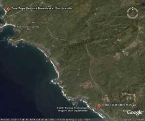 Satellite photo of Tree Tops Bed and Breakfast and Ostional Wildlife Refuge in Costa Rica